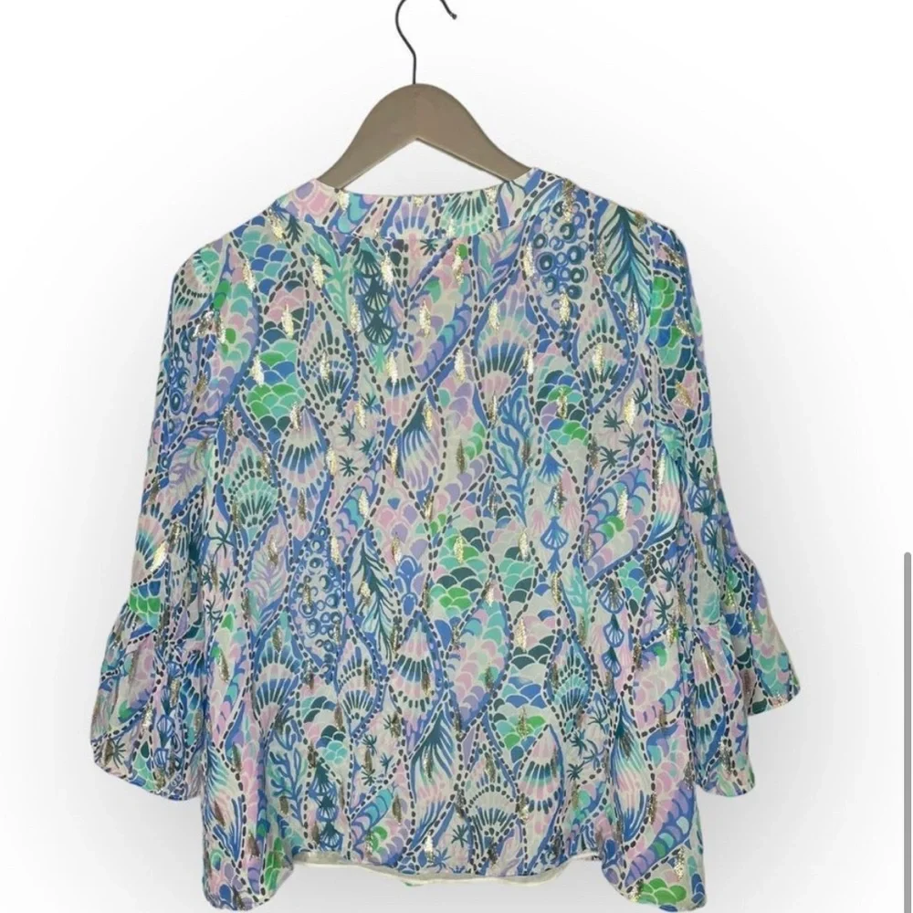 Perfect LILLY PULITZER ELENORA SILK BLOUSE TAILS OF THE SEA METALLICS Small - Picture 4 of 9